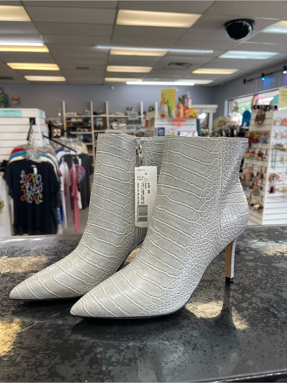 Nine West Light Gray Croc-Embossed Pointed Toe Ankle Boots